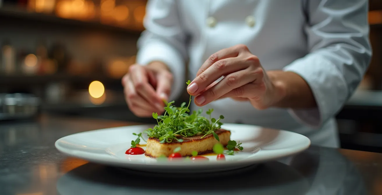 Chef en action préparant un plat raffiné dans une cuisine professionnelle
