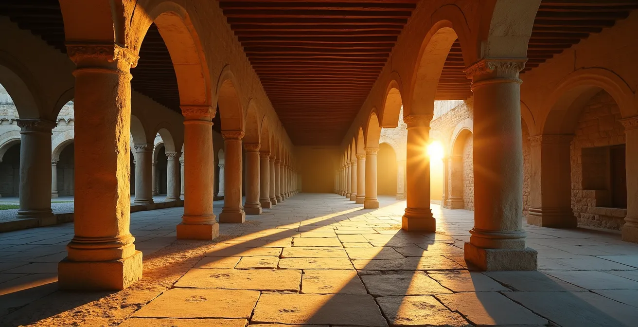 Cloître monastique aux colonnes de pierre baignées de lumière dorée au crépuscule