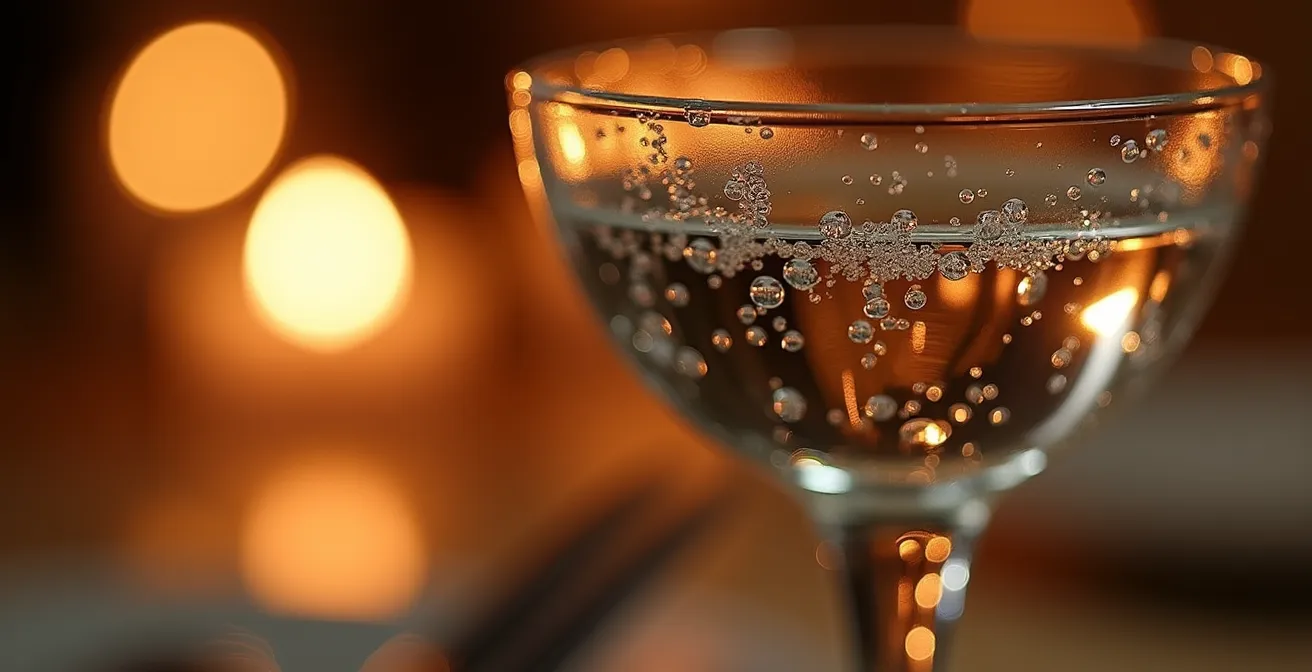 Détail d'une table élégamment dressée avec verres en cristal et argenterie