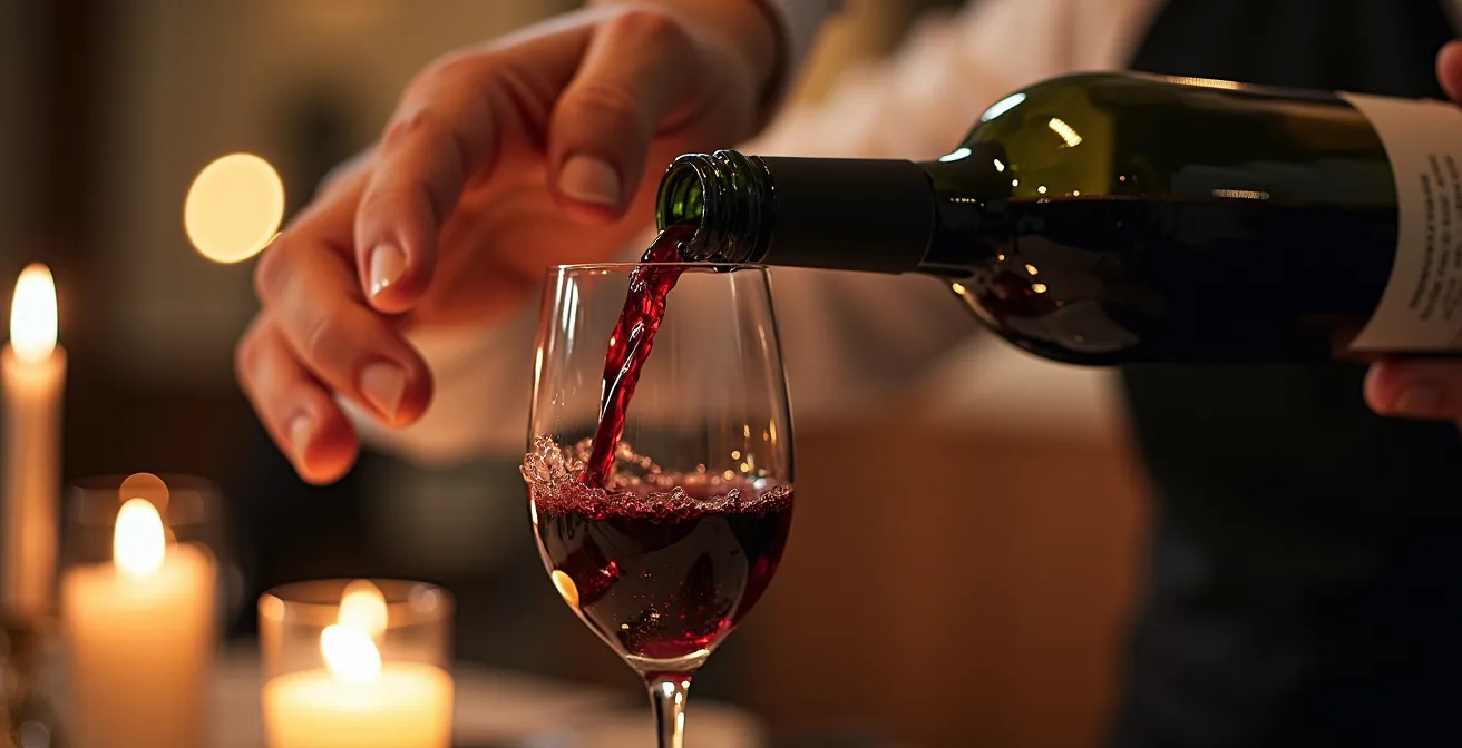 Mains expertes d'un sommelier versant délicatement du vin dans un verre en cristal