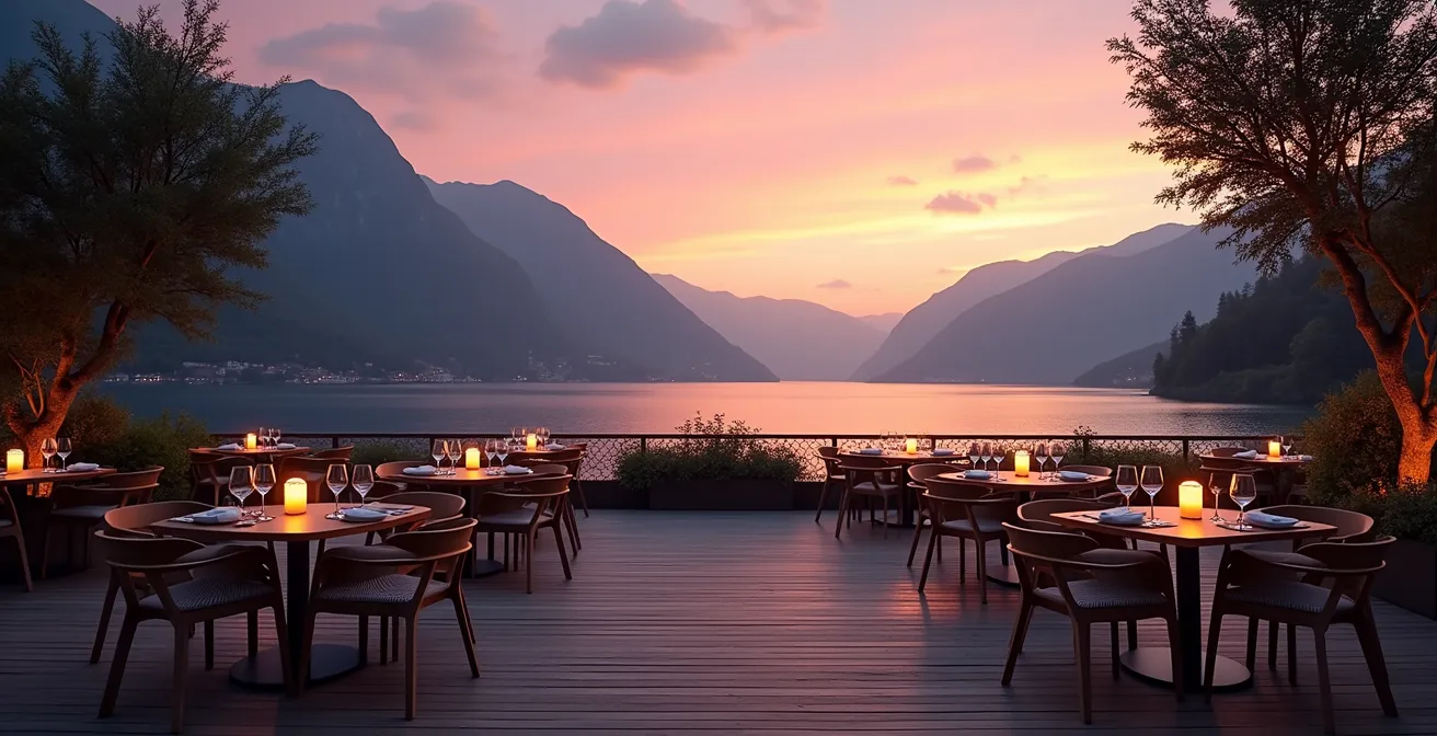 Terrasse de restaurant avec vue panoramique sur lac et montagnes au crépuscule