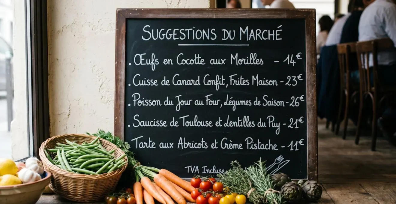 Ardoise menu suggestions du jour dans brasserie affichant plats saisonniers à la craie, avec produits frais de marché disposés au premier plan et lumière naturelle latérale