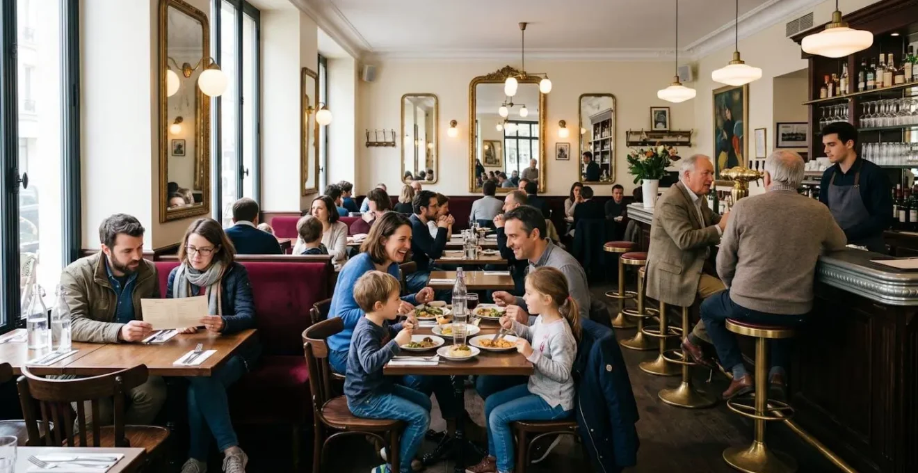 Salle de brasserie Belle Époque contemporaine avec plusieurs tables occupées montrant diversité clientèle : touristes consultant menu, famille avec enfants, habitués au comptoir
