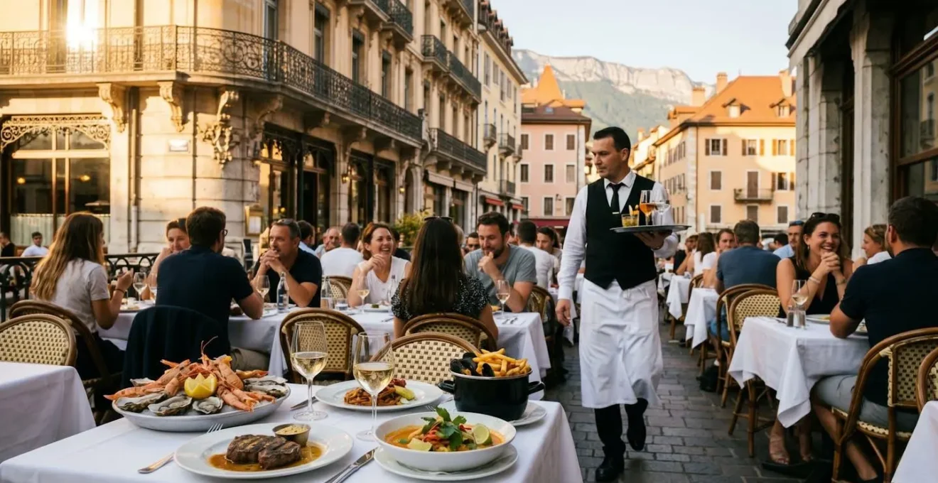 Table dressée sur terrasse de brasserie Belle Époque présentant plateau de fruits de mer, steak café de Paris, curry thaï et moules-frites, avec architecture ancienne d'Annecy en arrière-plan et lumière dorée de fin de journée