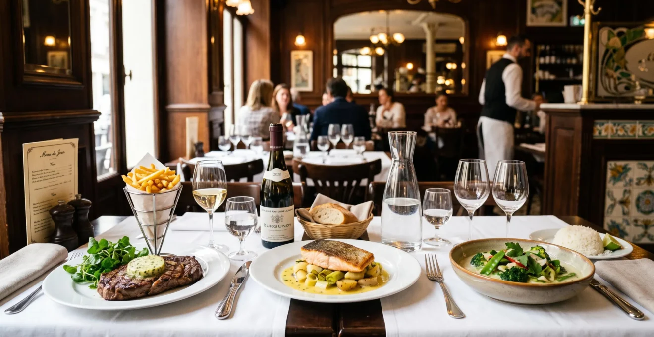 Table de brasserie élégamment dressée avec trois assiettes présentant différents plats : entrecôte Café de Paris, Omble Chevalier et curry thaï, dans un décor Belle Époque modernisé avec lumière naturelle