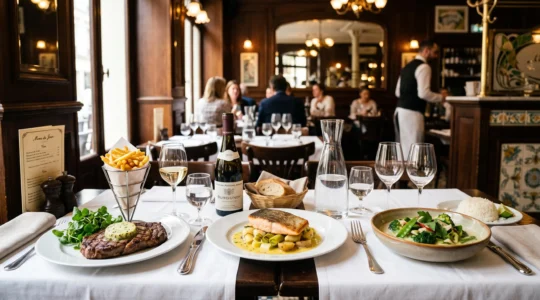 Table de brasserie élégamment dressée avec trois assiettes présentant différents plats : entrecôte Café de Paris, Omble Chevalier et curry thaï, dans un décor Belle Époque modernisé avec lumière naturelle