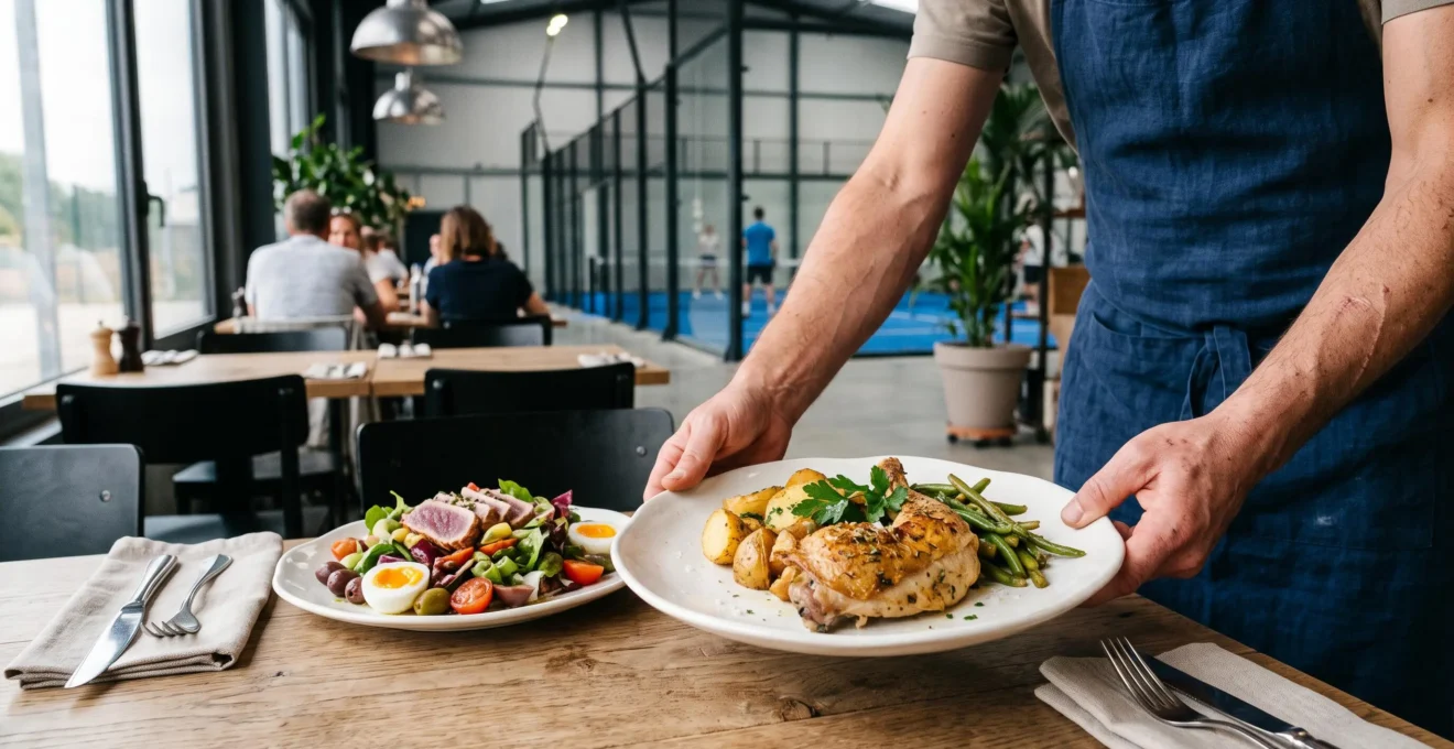 Plats de cuisine maison fraîchement servis sur une table du restaurant du club de padel