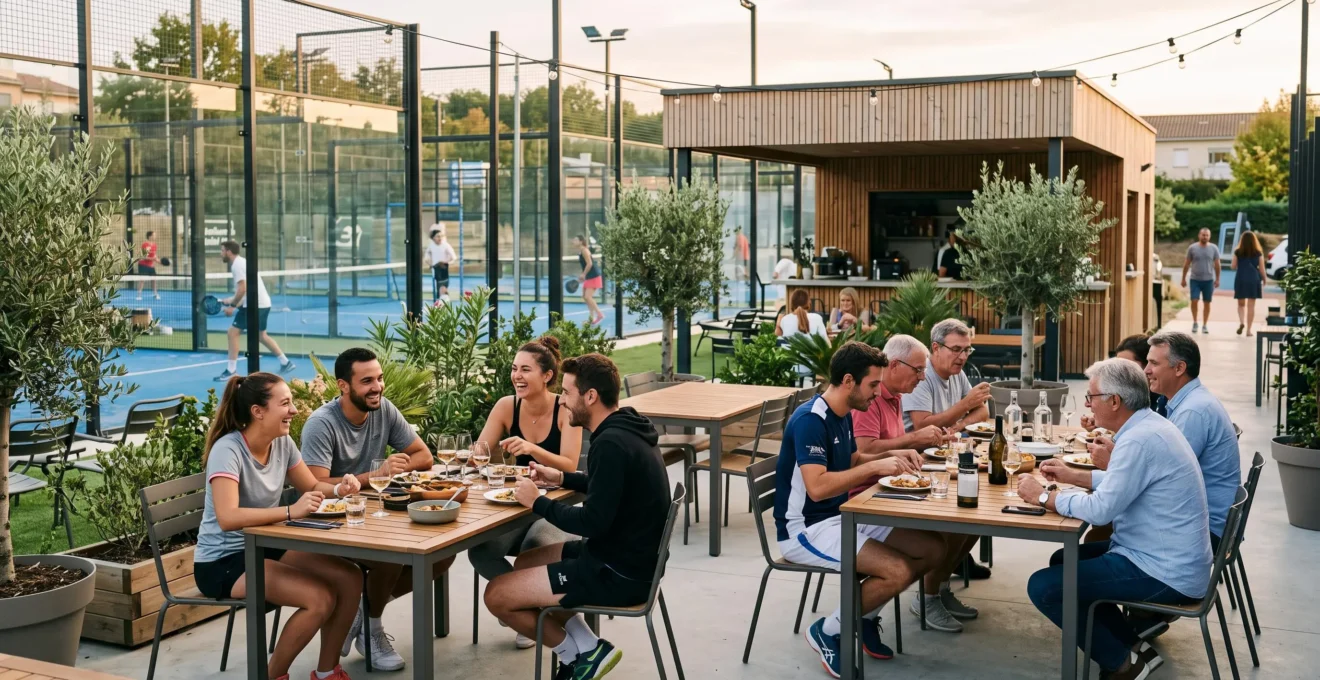 Terrasse du restaurant d'un club de padel à Colomiers avec groupes d'amis partageant un repas, terrains visibles en arrière-plan