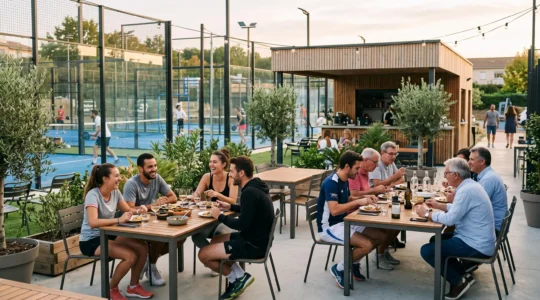 Terrasse du restaurant d'un club de padel à Colomiers avec groupes d'amis partageant un repas, terrains visibles en arrière-plan